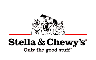 The Stella & Chewy's brand logo shows the brand name "Stella & Chewy's" in black text with a red line above it. Above the name is an illustration of three pets: a dog, a cat, and a small animal. Below the name is the tagline "Only the good stuff" in black text.